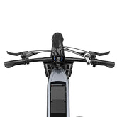 Close-up of a bicycle handlebar with digital display on a white background